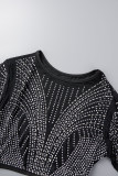 Black Sexy Solid Bandage Patchwork See-through Hot Drill Long Sleeve Two Pieces