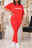 Red Casual Print Letter O Neck Short Sleeve Two Pieces
