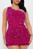 Blue Sexy Solid Sequins Backless Oblique Collar Sleeveless Dress Dresses