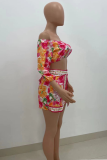 Multicolor Sexy Simplicity Print Patchwork Backless Off the Shoulder Three Quarter Two Pieces
