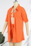 Tangerine Red Sexy Street Solid Patchwork Turndown Collar Half Sleeve Two Pieces