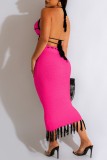 Rose Red Sexy Solid Tassel Bandage Backless Halter Sleeveless Two Pieces