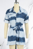 Light Blue Casual Street Striped Print Bandage Patchwork Buckle Turndown Collar Regular Rompers