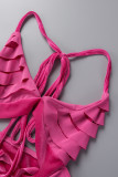Rose Red Sexy Solid Hollowed Out Patchwork Halter Tops