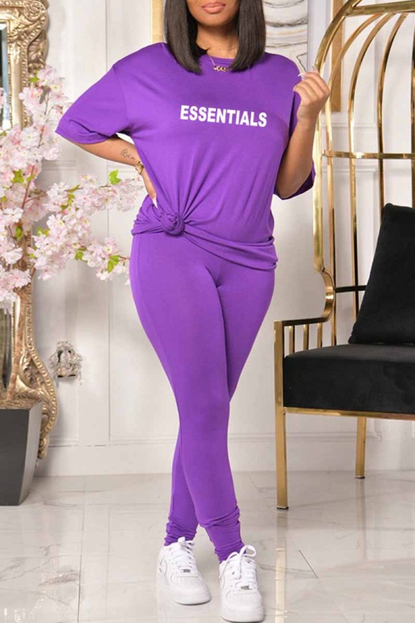 Purple Casual Print Letter O Neck Short Sleeve Two Pieces