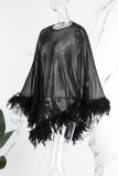 Black Sexy Solid Patchwork See-through Feathers Asymmetrical O Neck Irregular Dress Dresses