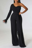 Blue Casual Solid Bandage Patchwork Feathers Asymmetrical Collar Regular Jumpsuits