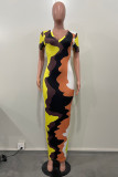 Yellow Casual Print Patchwork V Neck Short Sleeve Dress Dresses