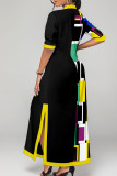 Black Casual Geometric Print Patchwork Buckle Slit Mandarin Collar Shirt Dress Dresses
