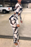 Red Sexy Print Patchwork See-through O Neck Long Sleeve Two Pieces