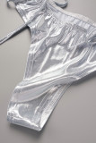 Silver Sexy Patchwork Tassel Sequins Backless Swimwears (Without Paddings)