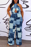 Blue Sexy Plaid Print Patchwork Backless Halter Straight Jumpsuits