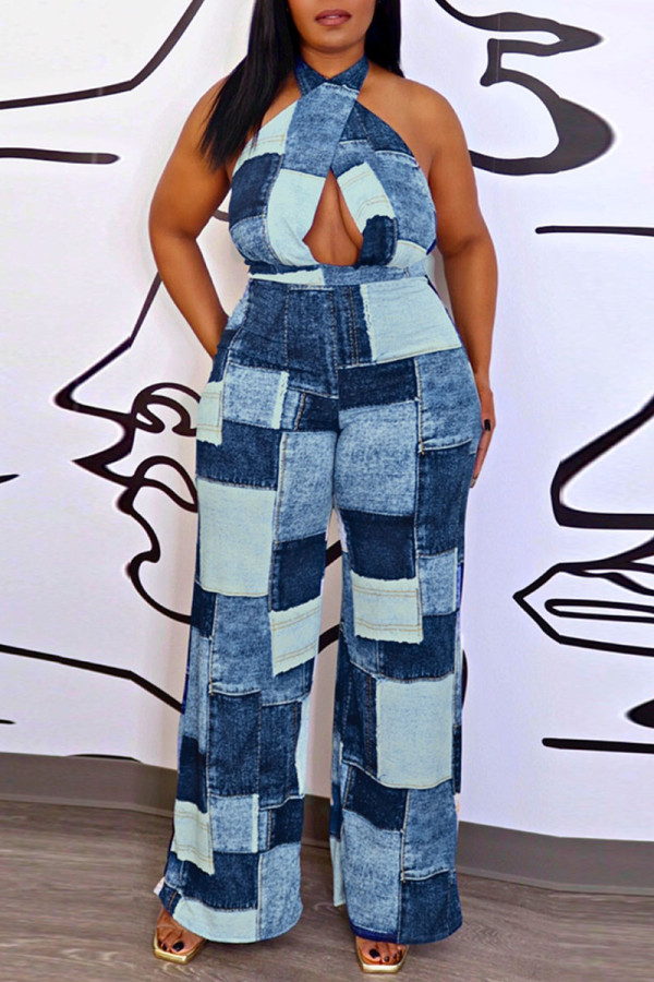 Blue Sexy Plaid Print Patchwork Backless Halter Straight Jumpsuits