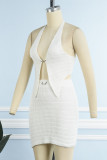 White Sexy Solid Backless Halter Sleeveless Two Pieces