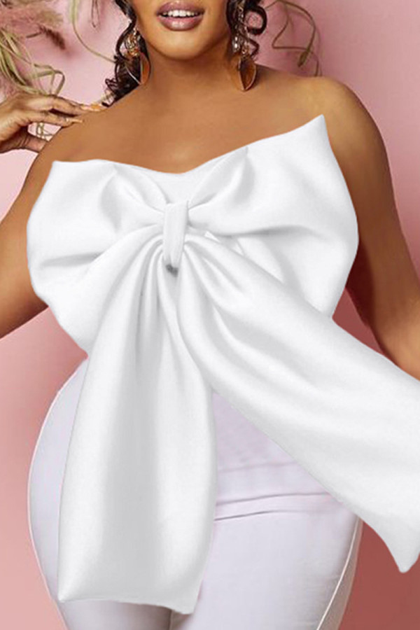 White Sexy Casual Celebrities Solid With Bow Zipper Strapless High Waist Tops