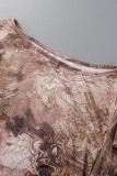 Khaki Sexy Print Patchwork Flounce O Neck Short Sleeve Two Pieces