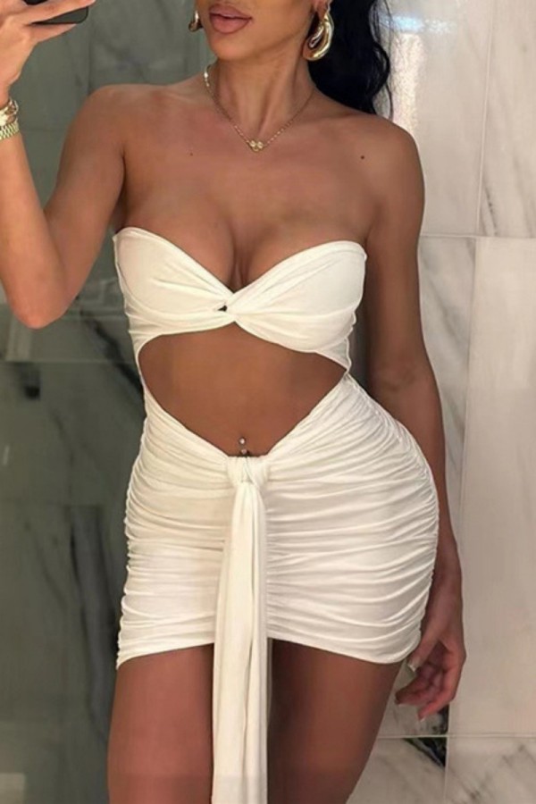 White Sexy Solid Hollowed Out Backless Strapless Wrapped Skirt Dresses