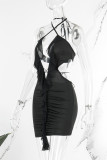 Colour Sexy Solid Patchwork Flounce Halter Pencil Skirt Dresses
