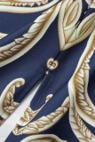 Blue Casual Print Patchwork Slit Square Collar One Step Skirt Dresses