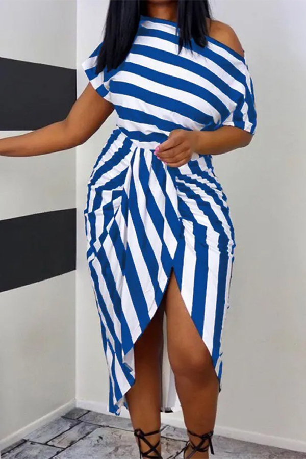 Blue Sexy Casual Striped Print Patchwork Slit Oblique Collar Irregular Dress Dresses