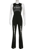 Black Street Print Hollowed Out Patchwork O Neck Boot Cut Jumpsuits