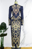 Blue Casual Print Patchwork Slit Square Collar One Step Skirt Dresses
