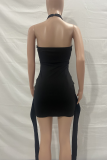 Black Sexy Street Solid Patchwork Backless Halter One Step Skirt Dresses