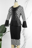 Red Casual Elegant Print Patchwork O Neck One Step Skirt Dresses