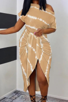 Khaki Sexy Casual Striped Print Patchwork Slit Oblique Collar Irregular Dress Dresses
