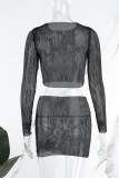 White Sexy Solid See-through O Neck Long Sleeve Two Pieces