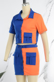 Orange Casual Patchwork Buttons Contrast Shirt Collar Short Sleeve Two Pieces