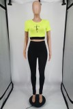 Fluorescent Green Casual Print Patchwork O Neck Short Sleeve Two Pieces