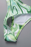 Green Sexy Print Bandage Backless 3 Piece Sets