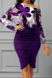 Purple Casual Print Patchwork Fold Asymmetrical Oblique Collar Pencil Skirt Dresses
