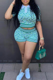 Green Casual Street Print Patchwork Turndown Collar Short Sleeve Two Pieces