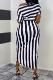 Red Sexy Casual Striped Print Patchwork Slit Oblique Collar Irregular Dress Dresses