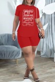Rose Red Casual Letter Print Frenulum O Neck Short Sleeve Two Pieces
