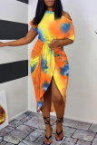 Red Sexy Casual Striped Print Patchwork Slit Oblique Collar Irregular Dress Dresses