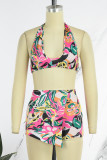 Colour Sexy Print Backless Halter Sleeveless Two Pieces