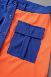 Orange Casual Patchwork Buttons Contrast Shirt Collar Short Sleeve Two Pieces