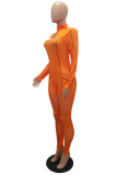 Tangerine Red Casual Sportswear Print Cut Out Turtleneck Skinny Jumpsuits