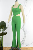 Blue Casual Solid Vests Pants U Neck Sleeveless Two Pieces