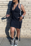 Black Sexy Street Solid Patchwork Backless Halter One Step Skirt Dresses