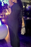 Black Sexy Casual Solid Bandage Backless Halter Long Dress Dresses