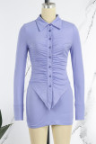 Purple Casual Solid Fold Turndown Collar Long Sleeve Two Pieces