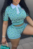 Green Casual Street Print Patchwork Turndown Collar Short Sleeve Two Pieces