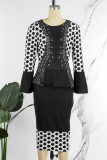 Red Casual Elegant Print Patchwork O Neck One Step Skirt Dresses