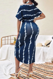 Red Sexy Casual Striped Print Patchwork Slit Oblique Collar Irregular Dress Dresses
