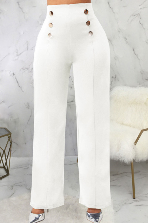 White Casual Work Solid Patchwork Straight High Waist Straight Solid Color Bottoms