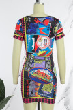 Colour Casual Print Basic O Neck Short Sleeve Dress